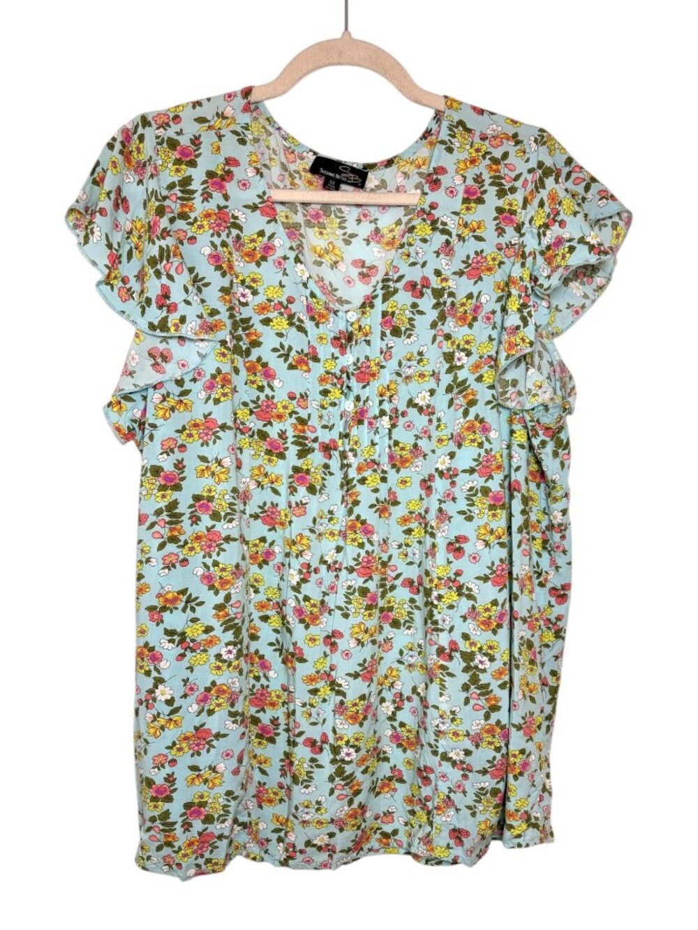 Suzanne Betro Blue Floral Boho Cottagecore Flutter Sleeve Blouse 3X